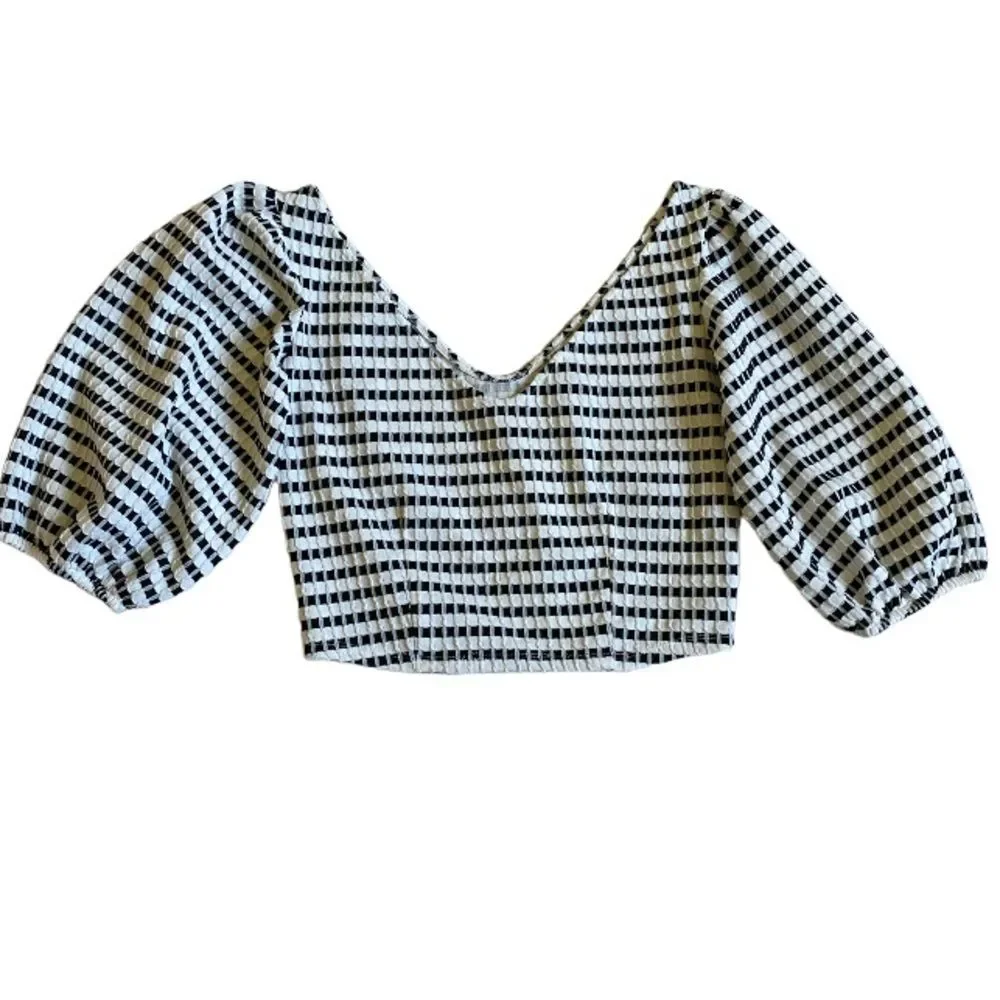 Zara Women's Puff Sleeve Crop Top Size L Black White Checkered Textured Preppy - Picture 10 of 12